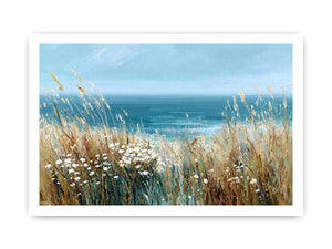 Turquoise coastal grass canvas art for beach house living room wall decor.