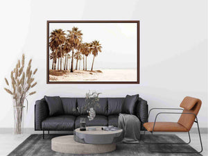 Neutral palm beach photography canvas art for coastal living room decor.