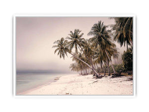 Misty tropical palm beach canvas art for soft coastal bedroom decor.