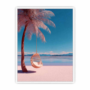 Pink tropical palm swing canvas art for colorful beach house bedroom decor.