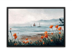 Orange poppy harbor watercolor canvas art for coastal living room decor.