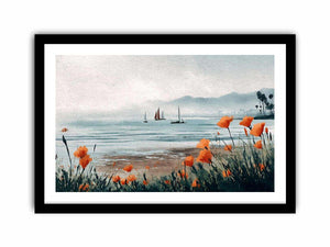 Orange poppy harbor watercolor canvas art for coastal living room decor.