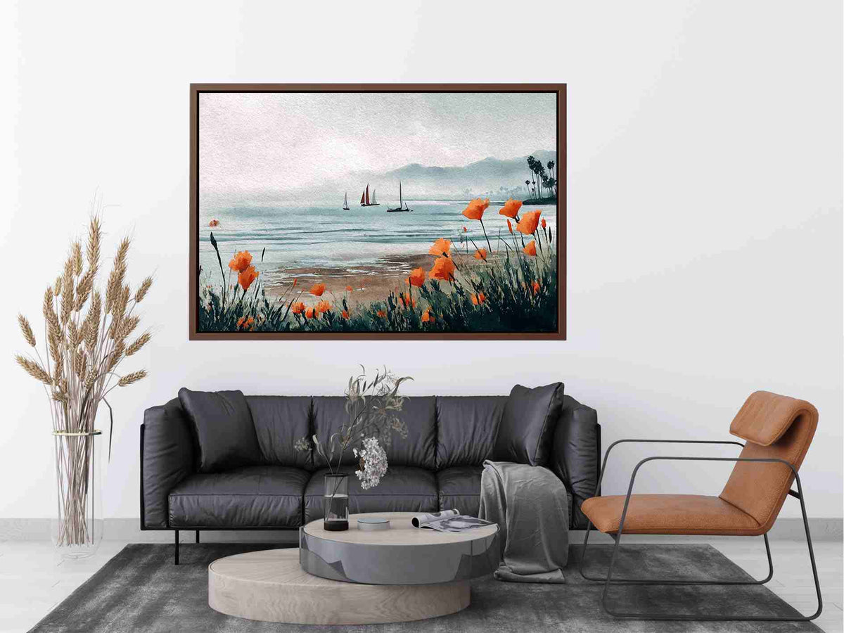 Orange poppy harbor watercolor canvas art for coastal living room decor.