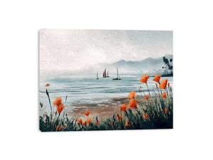 Orange poppy harbor watercolor canvas art for coastal living room decor.