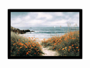 Orange poppy coastal path canvas art for cottage living room wall decor.