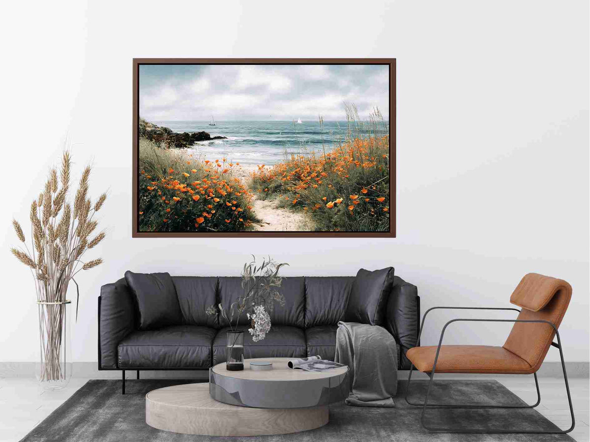 Orange poppy coastal path canvas art for cottage living room wall decor.
