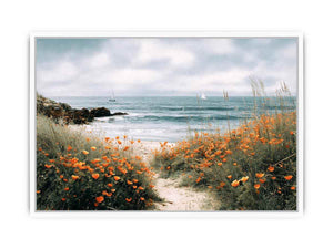 Orange poppy coastal path canvas art for cottage living room wall decor.