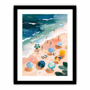 Aerial beach painting with colorful umbrellas and teal waves for coastal living room decor