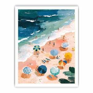 Aerial beach painting with colorful umbrellas and teal waves for coastal living room decor