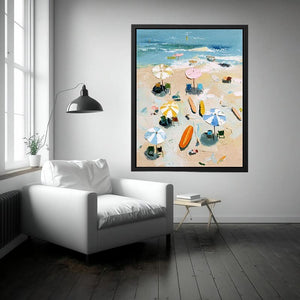Textured beach canvas print with umbrellas, surfboards and ocean waves for bedroom decor