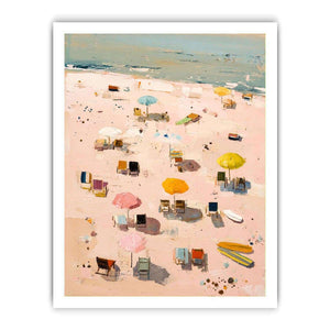 Pastel beach artwork with umbrellas and surfboards for soft coastal bedroom decor
