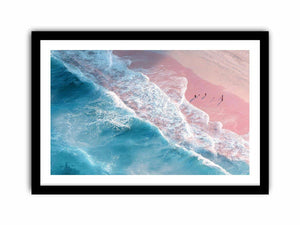Aerial ocean canvas print with pink sand and turquoise waves for serene bedroom decor