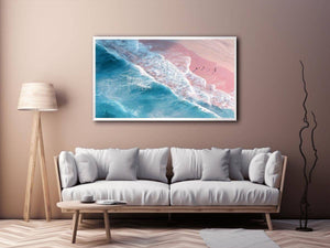 Aerial ocean canvas print with pink sand and turquoise waves for serene bedroom decor