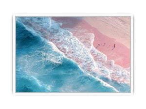 Aerial ocean canvas print with pink sand and turquoise waves for serene bedroom decor