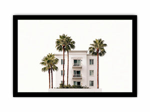 Palm building framed print with white architecture and tall trees for airy office decor