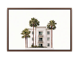 Palm building framed print with white architecture and tall trees for airy office decor