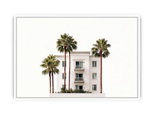 Palm building framed print with white architecture and tall trees for airy office decor