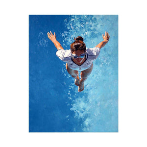 Swimmer canvas art with blue water and goggles for pool house bathroom decor