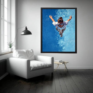 Swimmer canvas art with blue water and goggles for pool house bathroom decor