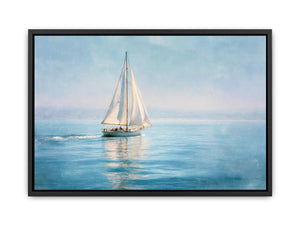 Sailboat canvas print with calm blue water and white sails for coastal living room decor