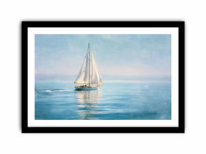 Sailboat canvas print with calm blue water and white sails for coastal living room decor