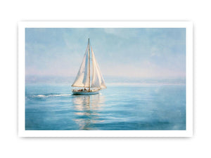Sailboat canvas print with calm blue water and white sails for coastal living room decor