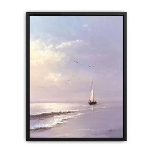 Lavender sailboat wall art with soft waves and birds for peaceful bedroom decor