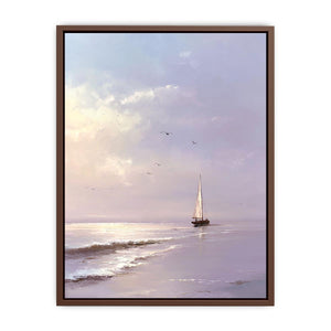 Lavender sailboat wall art with soft waves and birds for peaceful bedroom decor