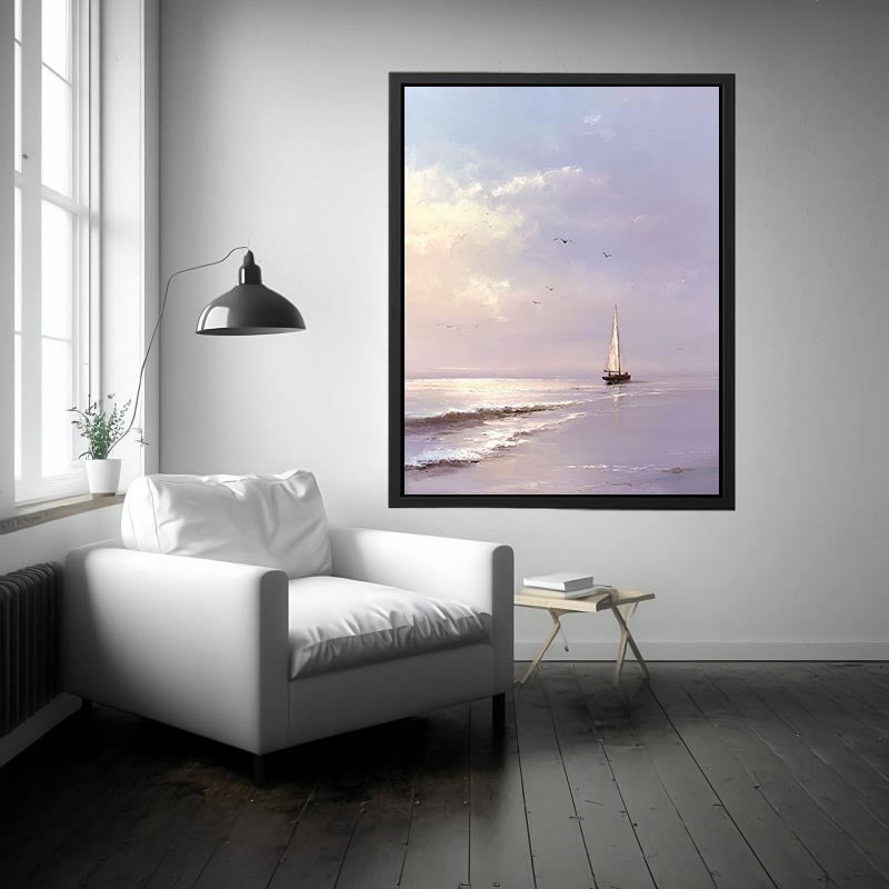 Lavender sailboat wall art with soft waves and birds for peaceful bedroom decor