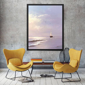 Lavender sailboat wall art with soft waves and birds for peaceful bedroom decor