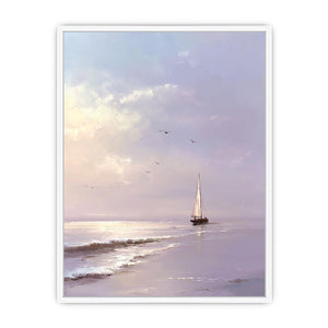 Lavender sailboat wall art with soft waves and birds for peaceful bedroom decor