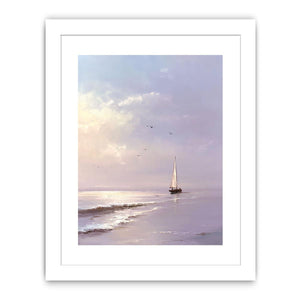 Lavender sailboat wall art with soft waves and birds for peaceful bedroom decor