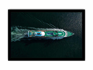 Luxury yacht aerial photography canvas with emerald deck and dark water for modern office decor
