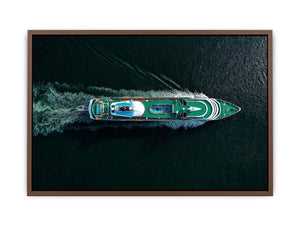 Luxury yacht aerial photography canvas with emerald deck and dark water for modern office decor
