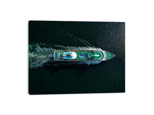 Luxury yacht aerial photography canvas with emerald deck and dark water for modern office decor