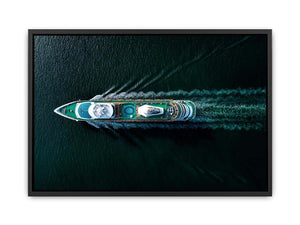 Dark yacht wall art with turquoise deck and ocean wake for luxury office decor