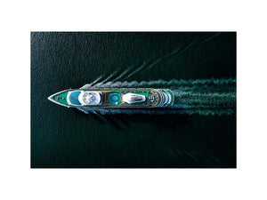 Dark yacht wall art with turquoise deck and ocean wake for luxury office decor