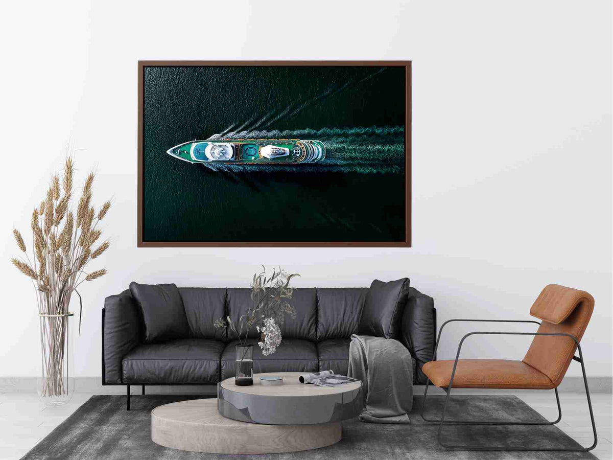 Dark yacht wall art with turquoise deck and ocean wake for luxury office decor
