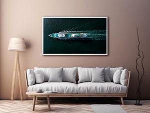 Dark yacht wall art with turquoise deck and ocean wake for luxury office decor