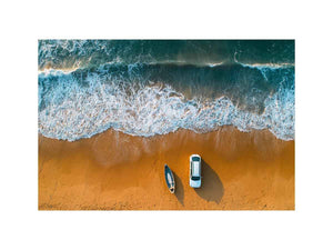 Beach car canvas art with waves, boat and golden sand for coastal travel living room decor