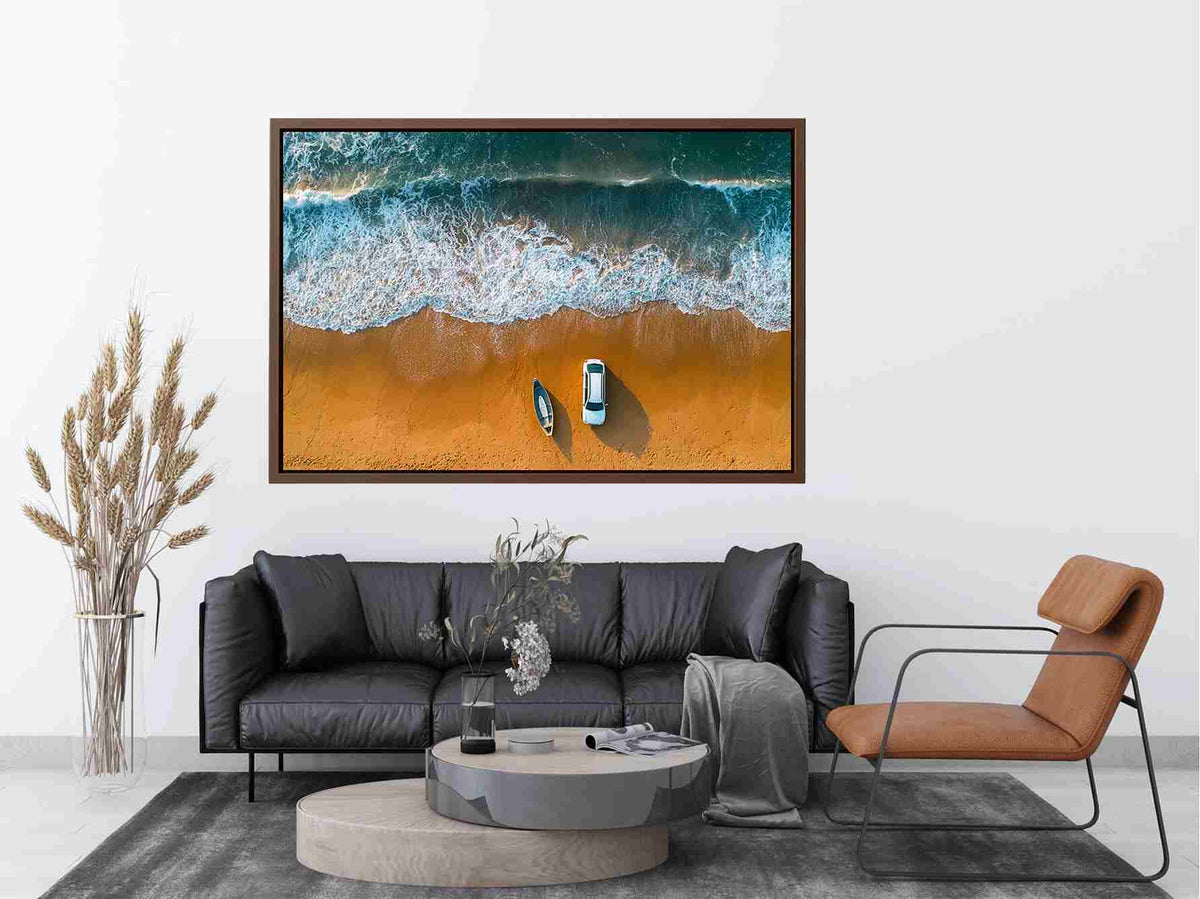 Beach car canvas art with waves, boat and golden sand for coastal travel living room decor