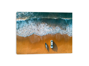 Beach car canvas art with waves, boat and golden sand for coastal travel living room decor