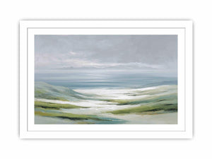 Soft misty coastal landscape canvas art with green hills and pale water for a refined living room.