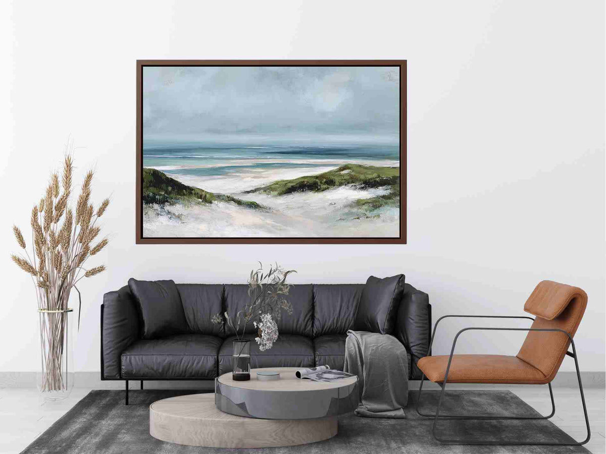 Painterly coastal dune landscape canvas art with soft ocean tones for relaxed beach house decor.
