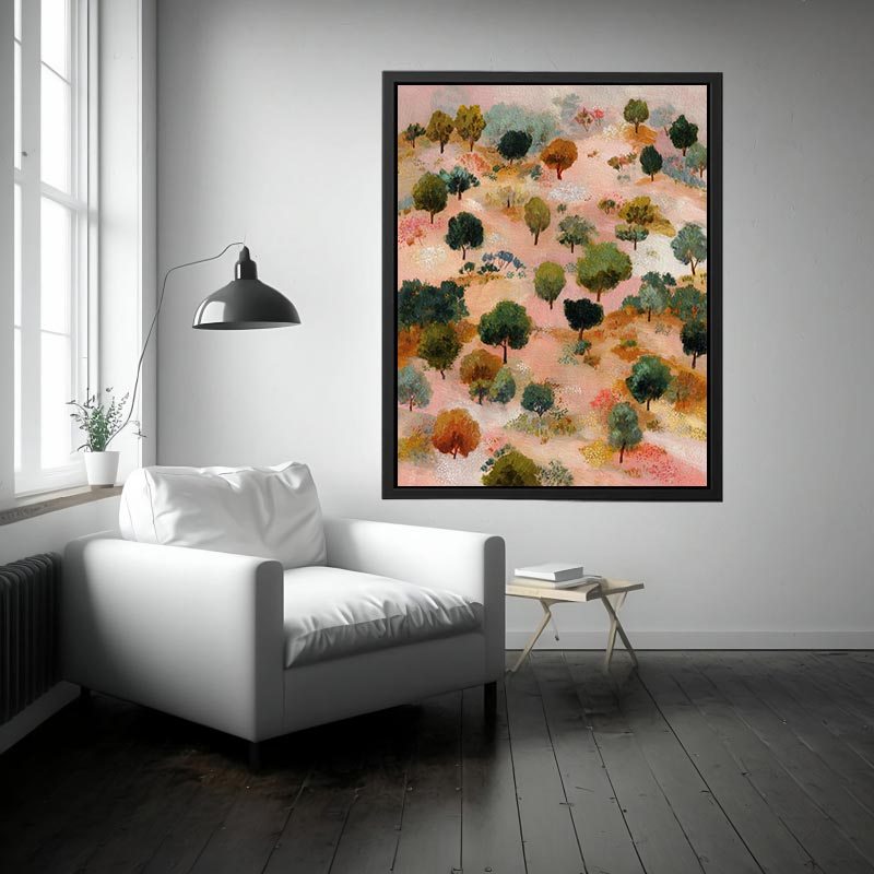 Whimsical pink and green tree landscape canvas art for warm eclectic living room decor.