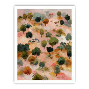 Whimsical pink and green tree landscape canvas art for warm eclectic living room decor.
