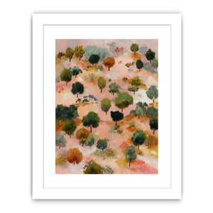 Whimsical pink and green tree landscape canvas art for warm eclectic living room decor.
