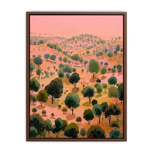 Coral pink rolling hill landscape canvas art with green trees for bold modern wall decor.
