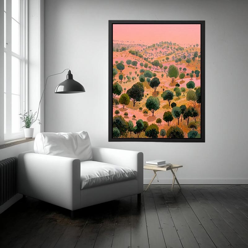 Coral pink rolling hill landscape canvas art with green trees for bold modern wall decor.