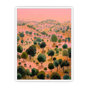 Coral pink rolling hill landscape canvas art with green trees for bold modern wall decor.